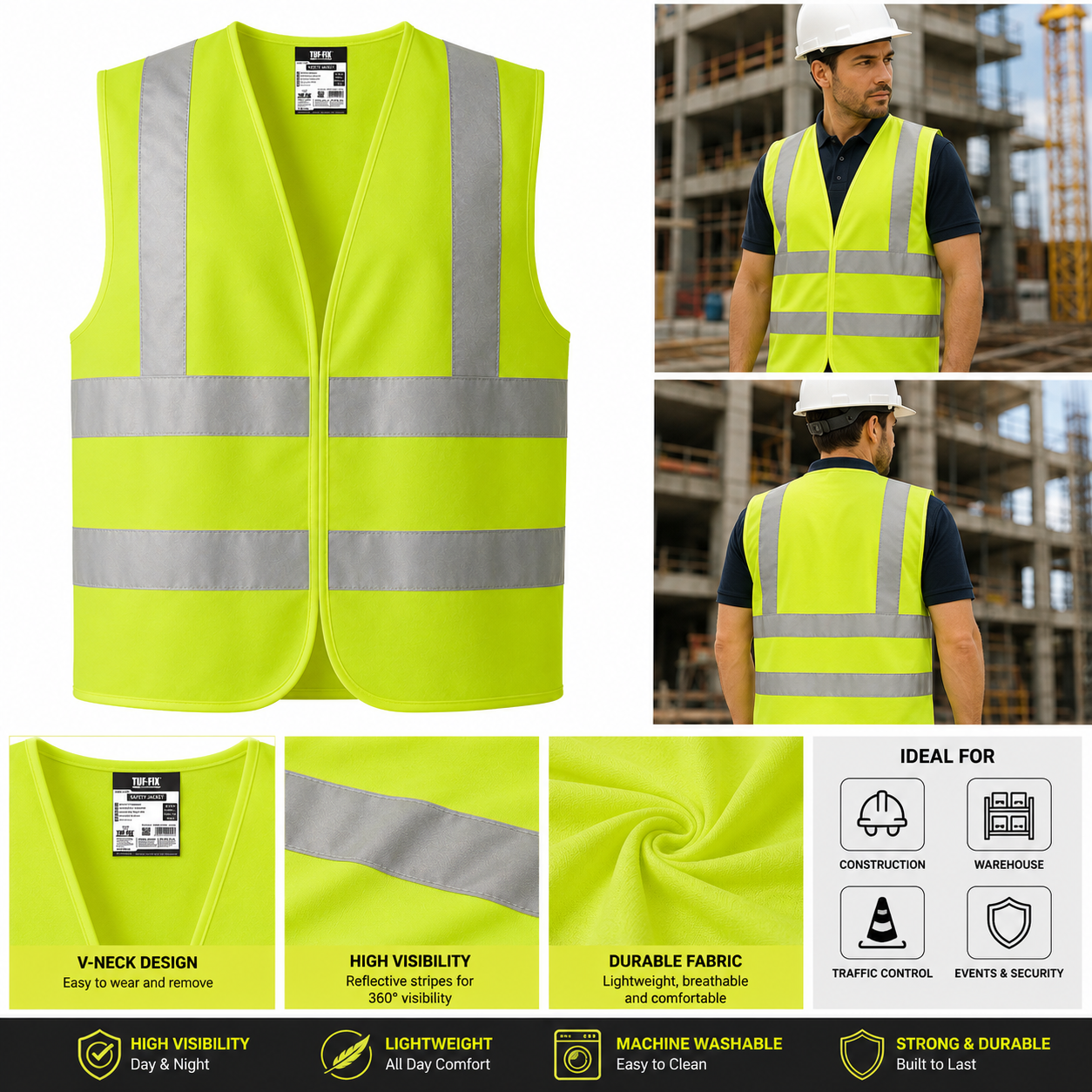 TUF-FIX SV029-M SAFETY JACKET – GREEN, 4 REFLECTIVE TAPES, SIZE M