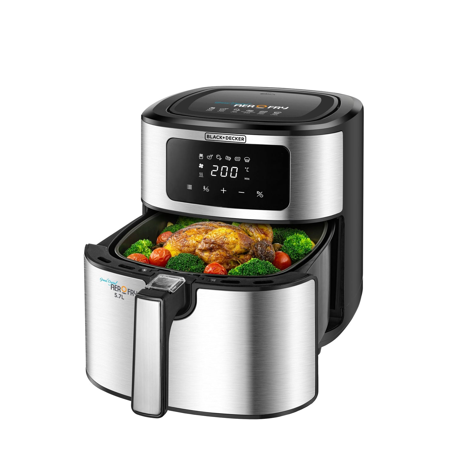 BLACK & DECKER 7.2L, 6 in 1 Air Fryer, Digital Touch Control, Rapid Air Convection, Non-Stick, Adjustable Temp, Auto-Off, Cool-Touch Handle, Dishwasher Safe, Premium Stainless-Steel Finish- AF7257-B5