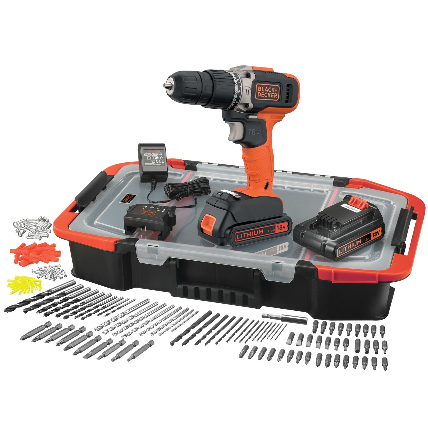 BLACK & DECKER 18V Li-Ion Cordless Hammer Drill Kit with 160 Accessories in Kitbox, 2 x 1.5Ah Batteries, Orange/Black - BCD003BAST-GB