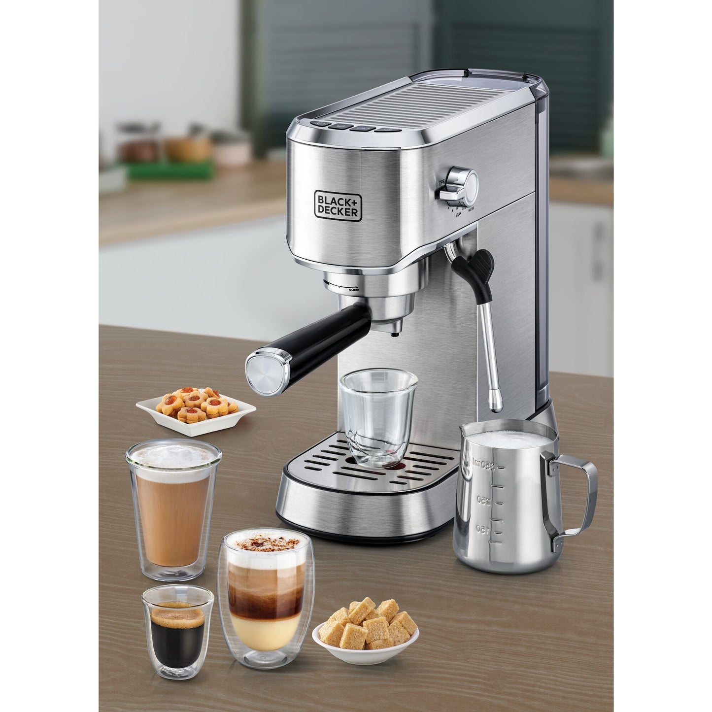 BLACK & DECKER Espresso Coffee Machine with Milk Frother 15Bar Pump Pressure for Cappuccino,Latte,Americano,Macchiato,Thermoblock pre-heating,Stainless Steel-ECM150-B5