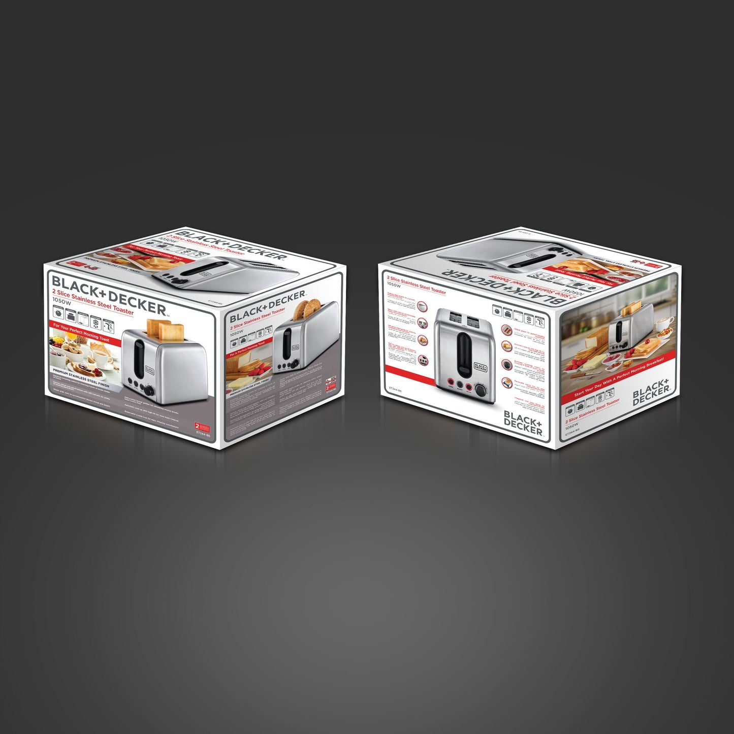 BLACK & DECKER 2-Slice Toaster, 1050W, Double-Side Heating, 6- Browning settings, Defrost,Reheated&Cancel function,Wide Slots, Dual Independent Browning, Removable Crumb Tray, Stainless steel-ET244-B5