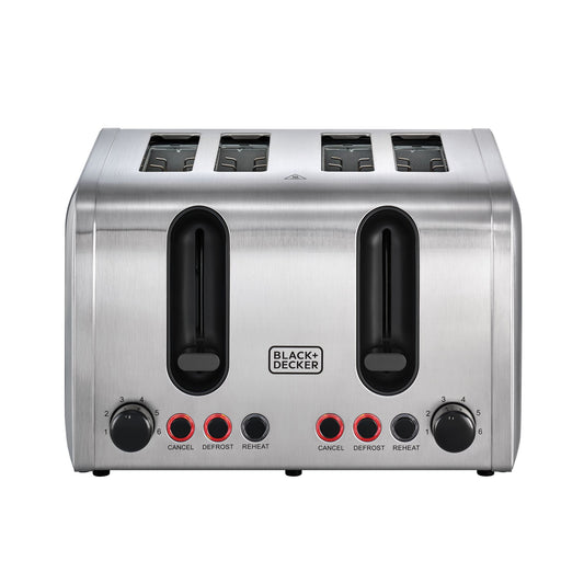 BLACK & DECKER 4-Slice Toaster, 2100W, Double-Side Heating, 6- Browning settings, Defrost,Reheated&Cancel function,Wide Slots, Dual Independent Browning, Removable Crumb Tray, Stainless steel-ET444-B5