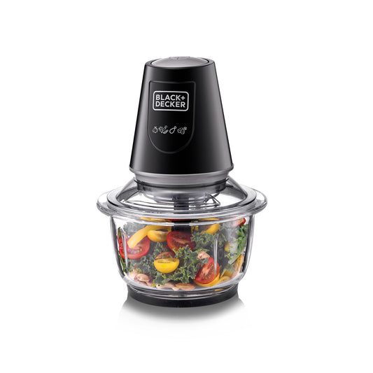 BLACK & DECKER Vertical Glass Chopper and Mincer with Pulse-Speed function, 400W 1.2L XXL Glass Bowl Capacity With Removable Four Blade System Helps, Chop, ice crush, Mince, Grind and Puree - GC400-B5