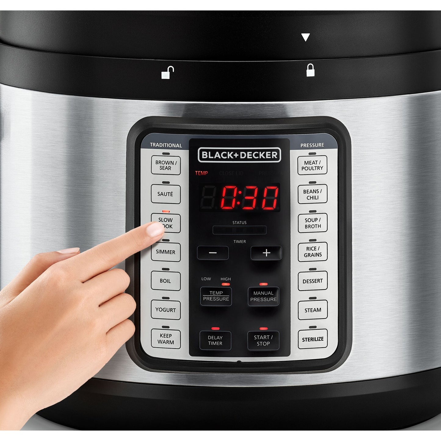 BLACK & DECKER Smart Steam Pot, 1350W Power, 10L, 9 in 1 Usage, 14 Smart Programmable Electric Pressure Cooker, Touch Control Digital LED Display & Timer, Easy to Use - PCP1010-B5