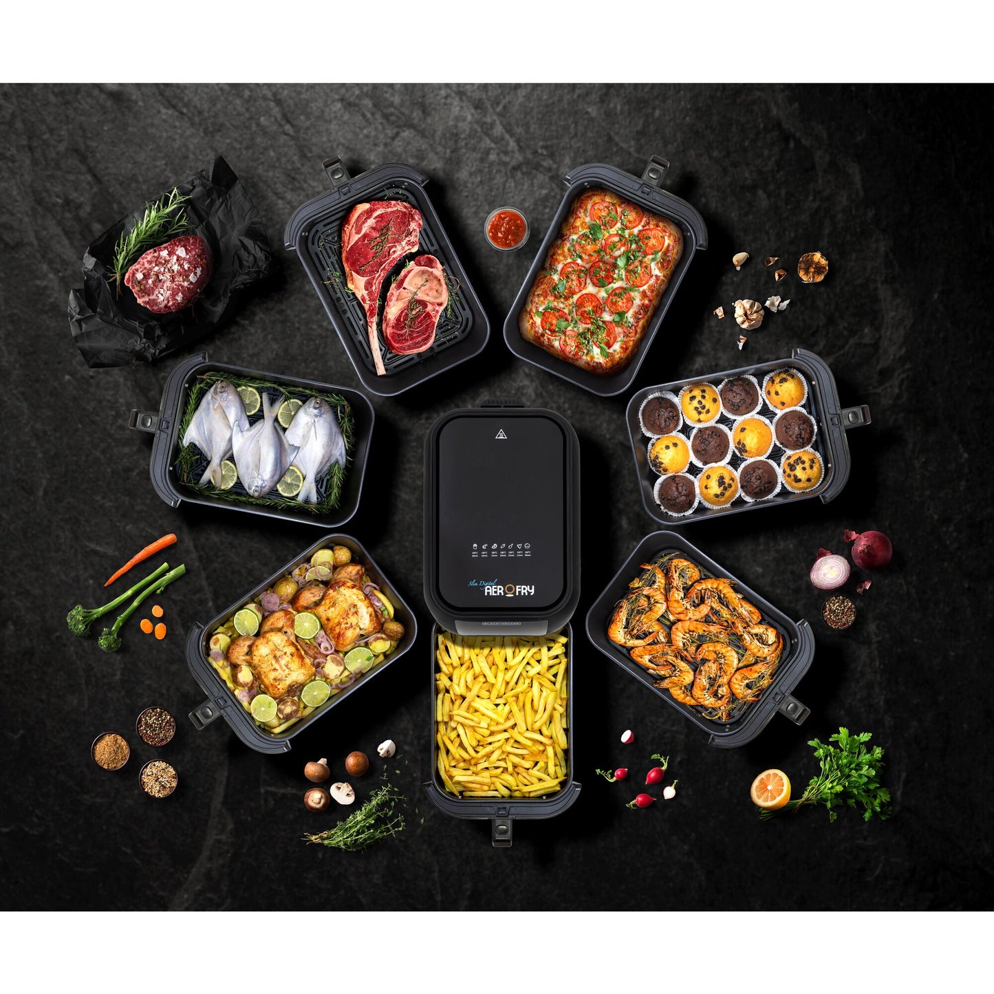 BLACK & DECKER 1700W Air Fryer - 8L Capacity, Digital Touch Control, 7 Preset Functions, Adjustable Temp Timer, Rapid Air Convection, Shake Alert, Removable Crisper Plate - SAF80-B5.