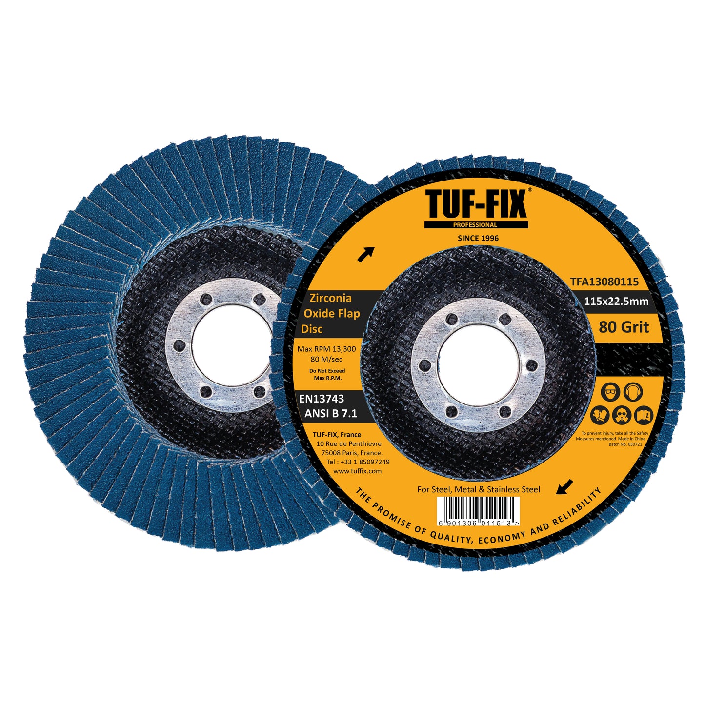 TFA13160115-T27 P60 FLAT BLUE ZIRCONIA OXIDE FLAP DISC 115X22.2MM