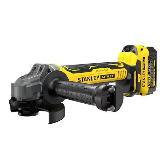 STANLEY V20 125MM BRUSHLESS ANGLE GRINDER WITH 2 4.0 AH BATTERIES, 1 CHARGER AND KIT BOX