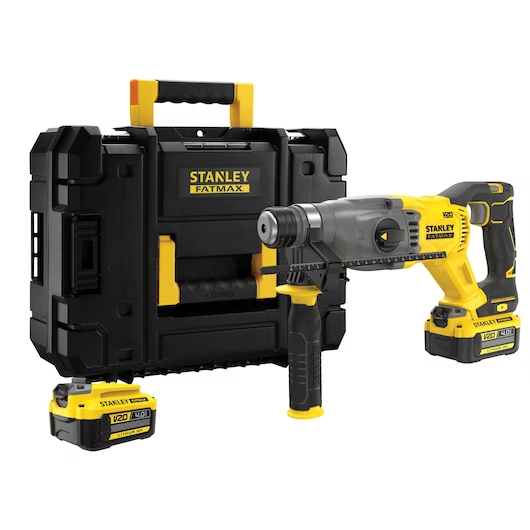 STANLEY V20 BRUSHLESS SDS+HAMMER DRILL WITH  2 4.0 AH BATTERIES, 1 CHARGER AND STACK BOX