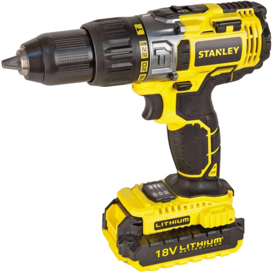 STANLEY 18V LI-ION HAMMER DRILL DRIVER WITH 2 4.0AH BATTERIES, CHARGER AND KIT BOX