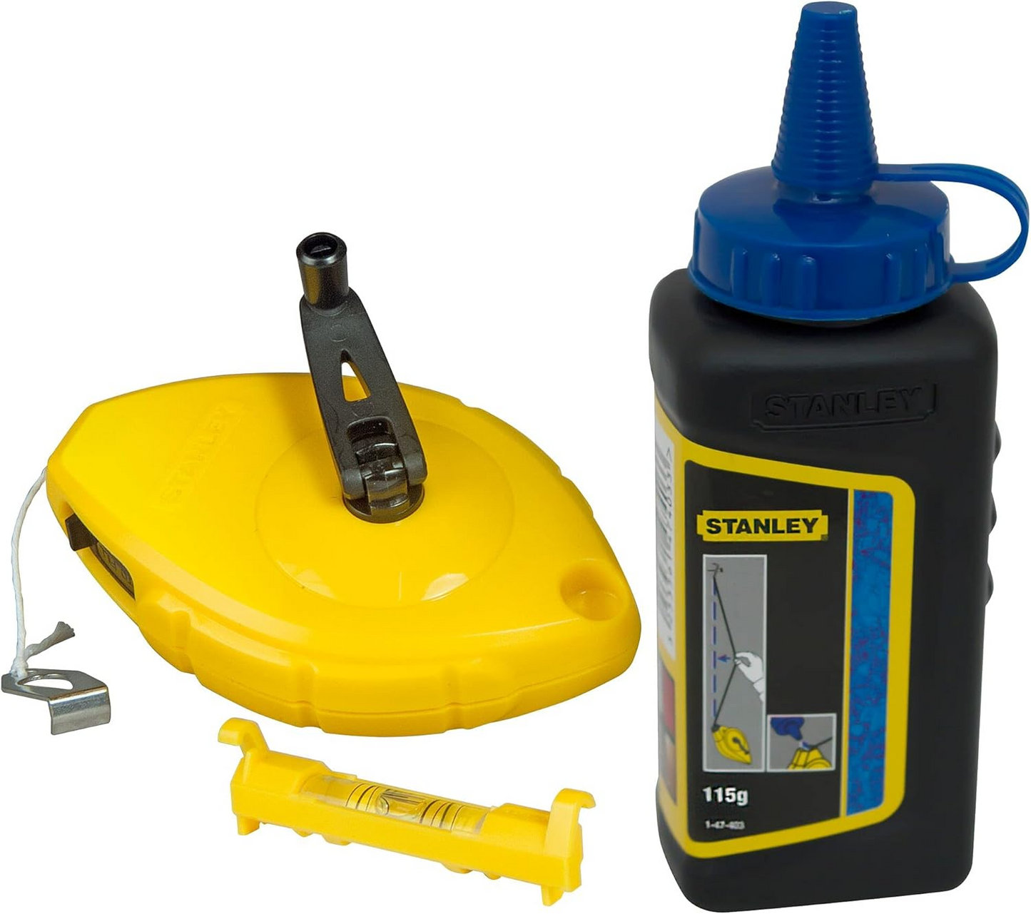 STANLEY 30M CHALK LINE SET WITH 115GRS CHALK AND LEVEL