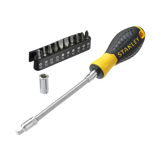 STANLEY 10 WAYS FLEXI SCREWDRIVER SET PH #1, PH #2, PH #3 TORX T15, T20 SQUARE 1, 2 FLARED 4MM, 5MM, 6MM