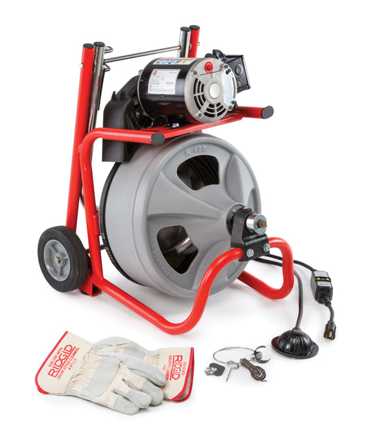 RIDGID K-400 Machine with RIDGID Drain Cleaning Gloves – AUTOFEED – C-45 IW 1/2" x 75' (12 mm x 23 m)  Solid Core (Integral Wound) Cable – T-260 Tool Set