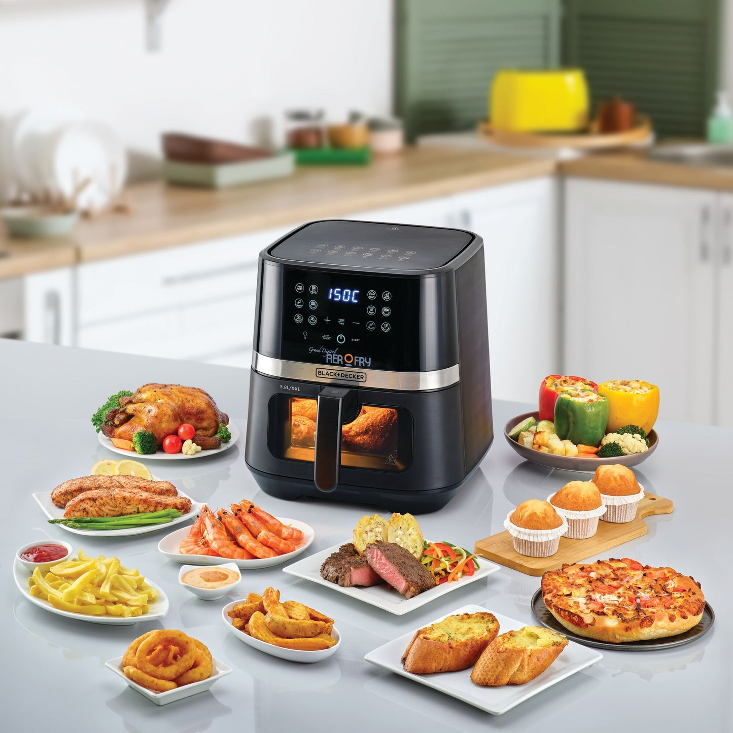 BLACK & DECKER Digital 12-in-1 Multifunction Air Fryer 1800W 8.5L/2Kg Capacity With Rapid Hot Air Circulation For Frying, Grilling, Broiling and Baking AF5800-B5 2 Year Warranty, Black/Silver