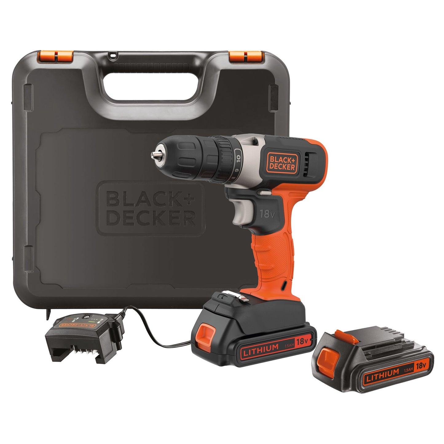 BLACK & DECKER 18V 1.5Ah Li-Ion Cordless Electric Compact Drill Driver with 2 Batteries in Kitbox for Wood Drilling & Screwdriving/Fastening, Orange/Black - BCD001C2K-GB