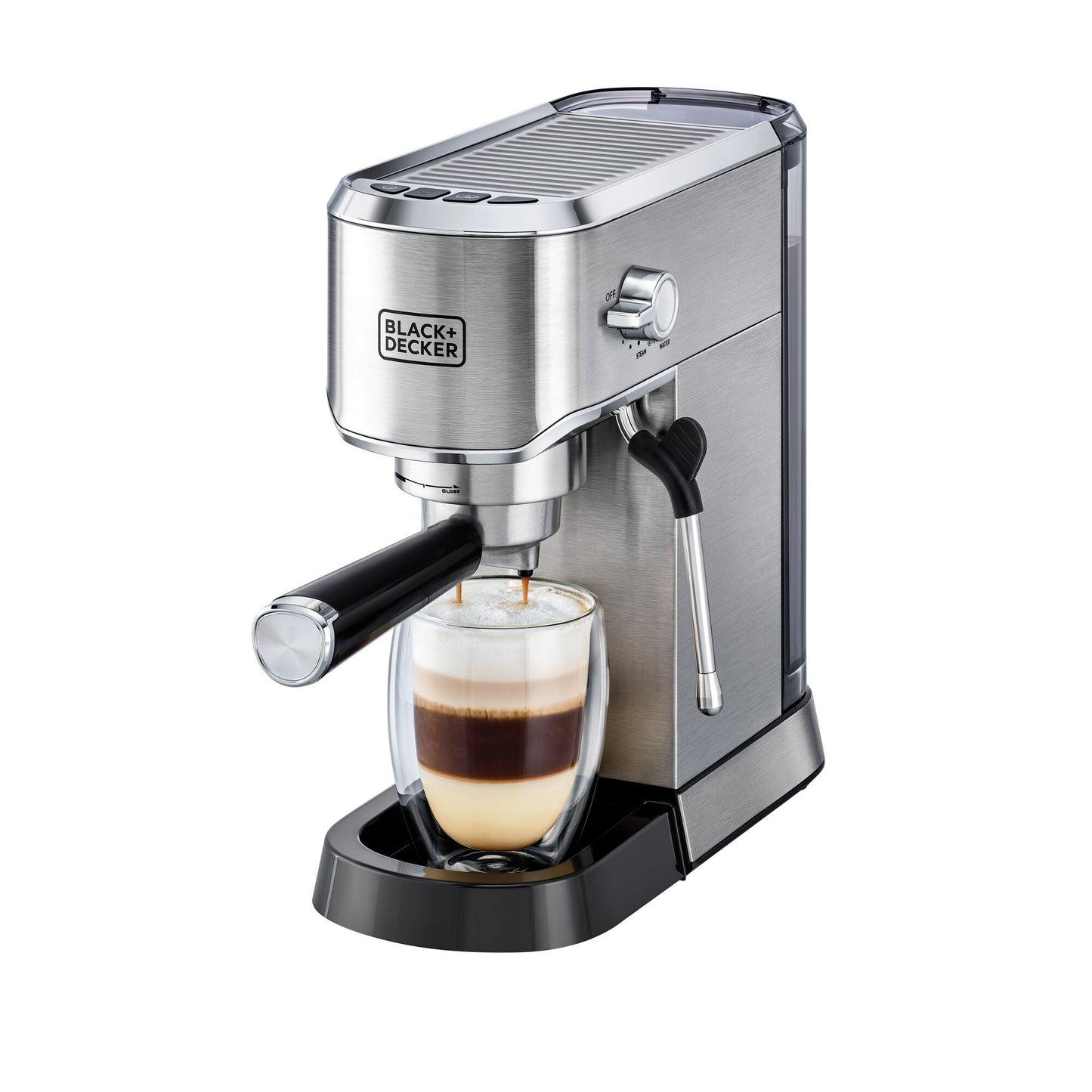 BLACK & DECKER Espresso Coffee Machine with Milk Frother 15Bar Pump Pressure for Cappuccino,Latte,Americano,Macchiato,Thermoblock pre-heating,Stainless Steel-ECM150-B5