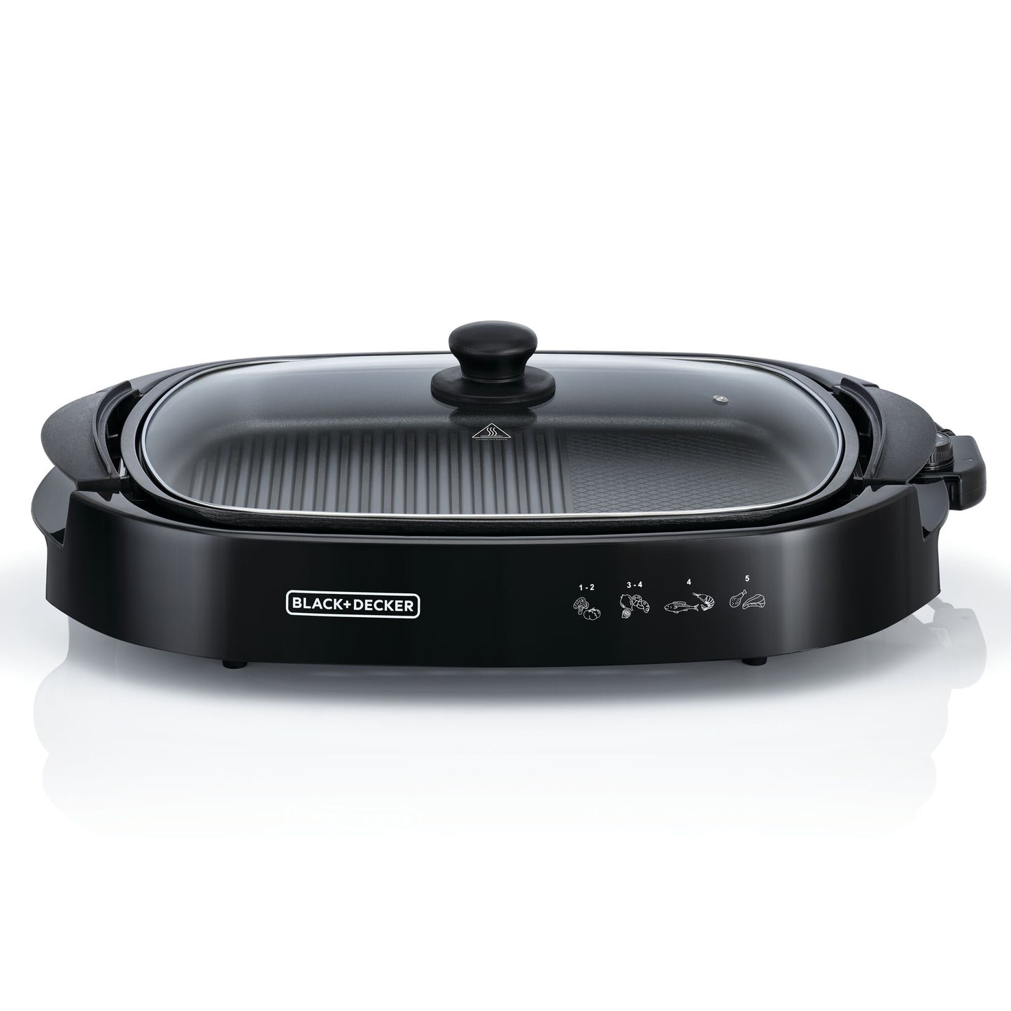 BLACK & DECKER 1500W, Electric Health Grill, Large Family Sized,Non Stick Griddle with Glass Lid,5- Level Temp Control, Cool Touch Handles, Efficient Fat Draining and Dishwasher Safe - GH1500-B5