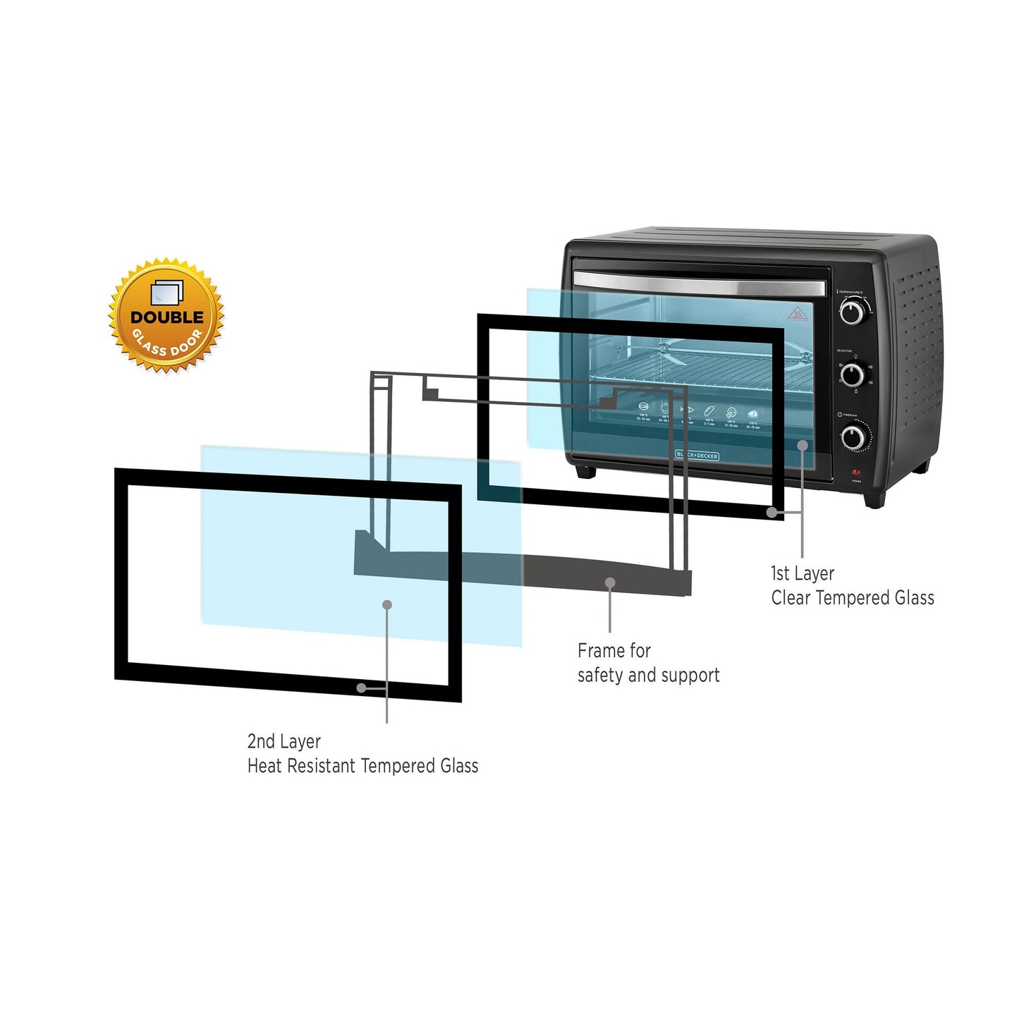 BLACK & DECKER 2200W 70L Toaster Oven 90-230 Temp Setting, Double Grill With Convection And Glass Door For Safety+Multiple Accessories Toasting Baking Broiling - TRO70RDG-B5